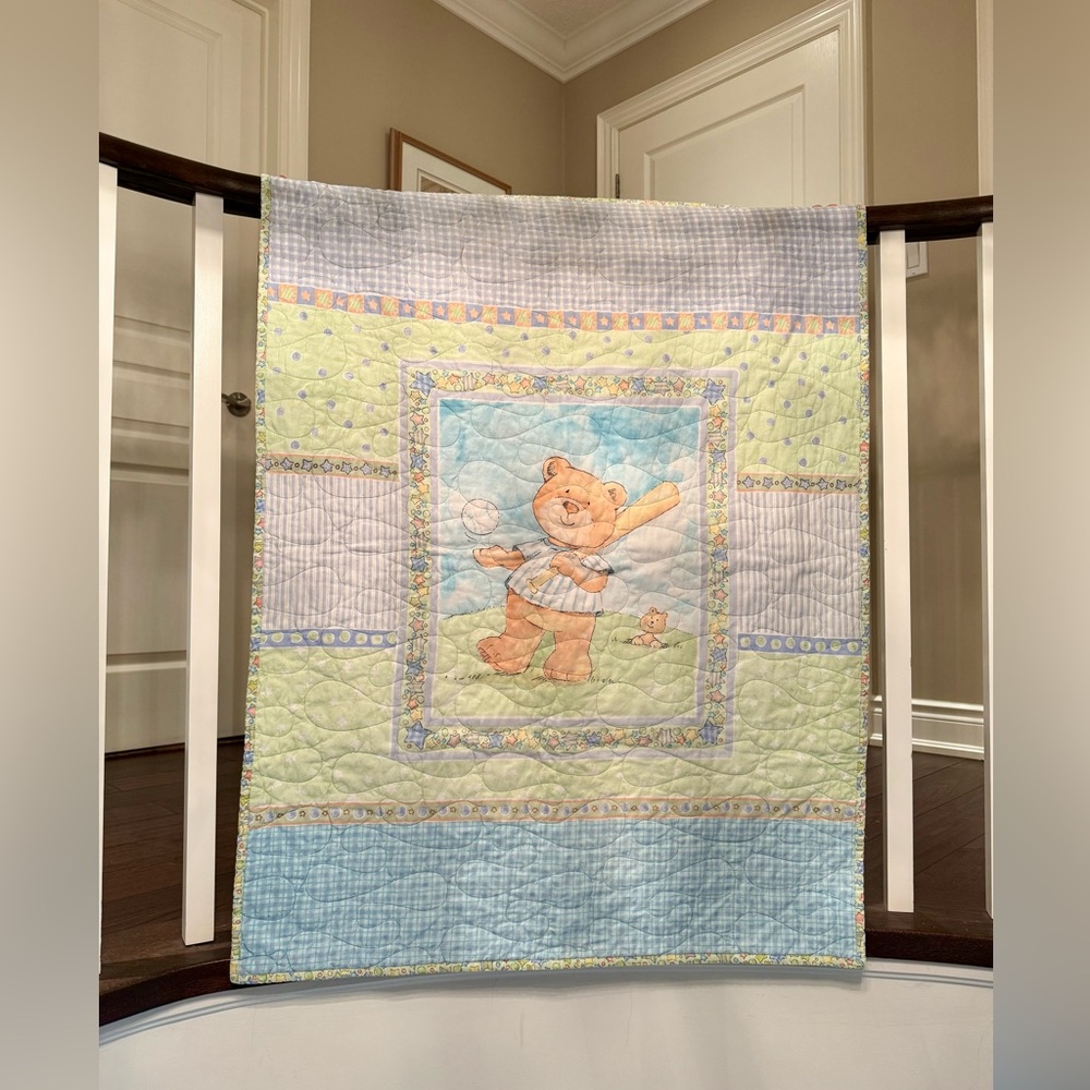 Vintage Baseball Teddy Bear Baby Quilt